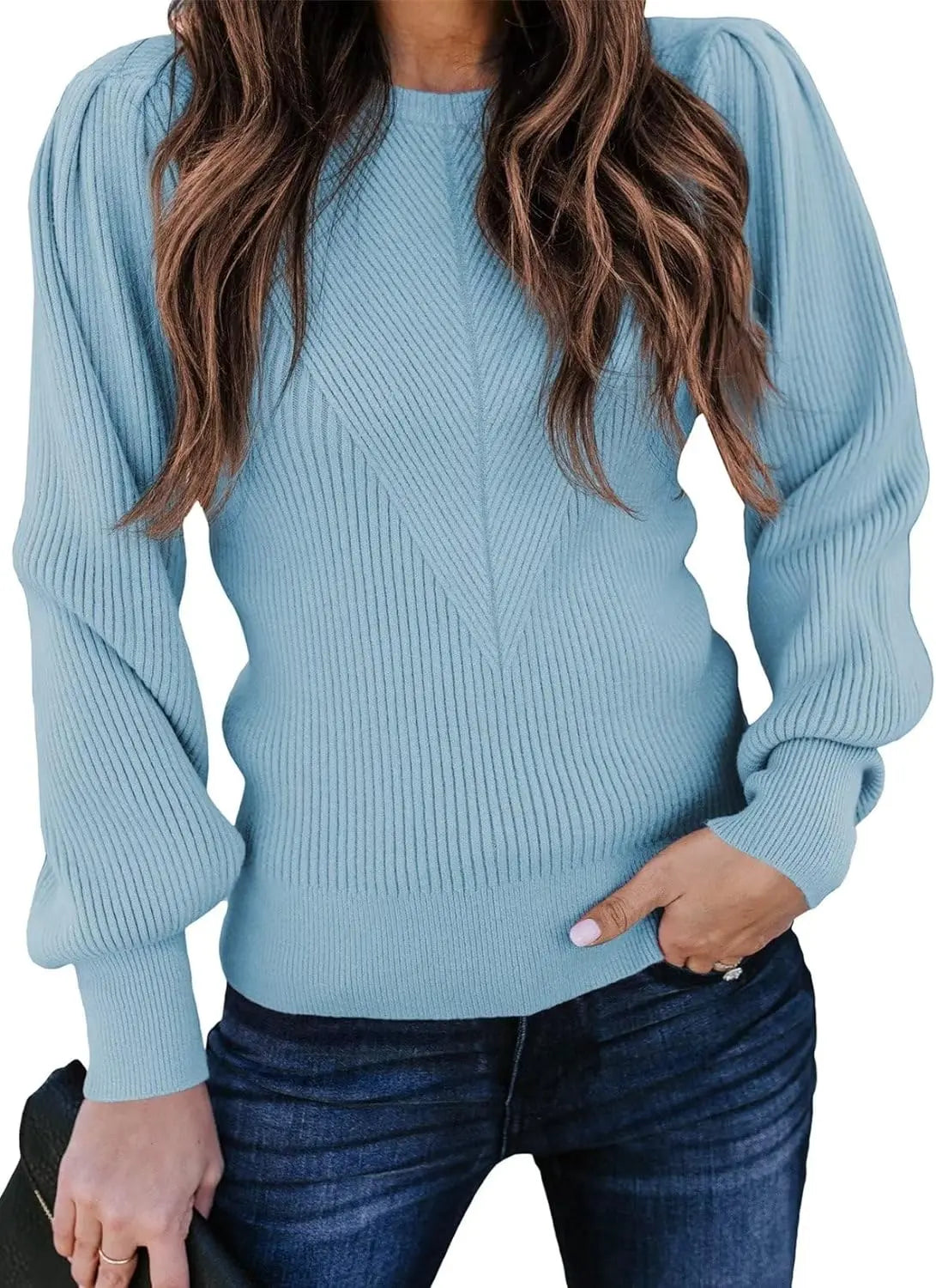 Womens Ribbed Knit Long Sleeve Lantern Sweater