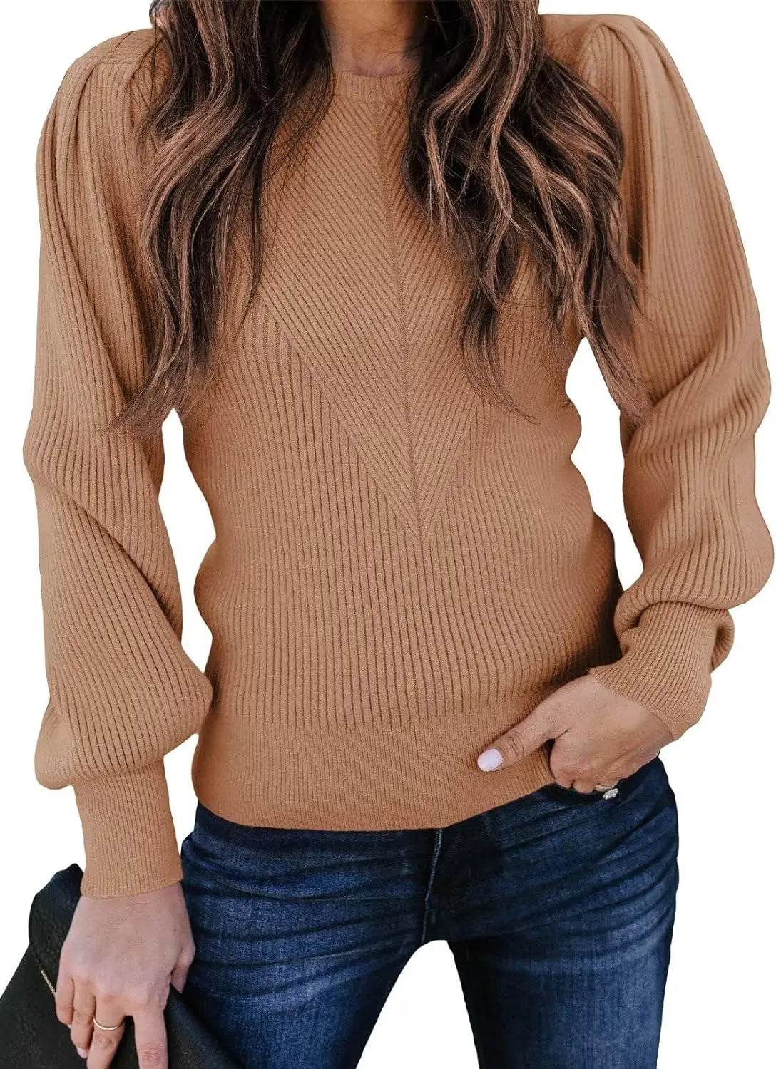 Womens Ribbed Knit Long Sleeve Lantern Sweater